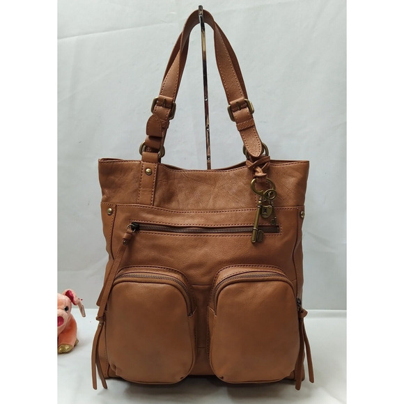 Fossil Brown Leather Zipper Front Pockets Double Handle Satchel Shoulder Bag - Picture 1 of 16